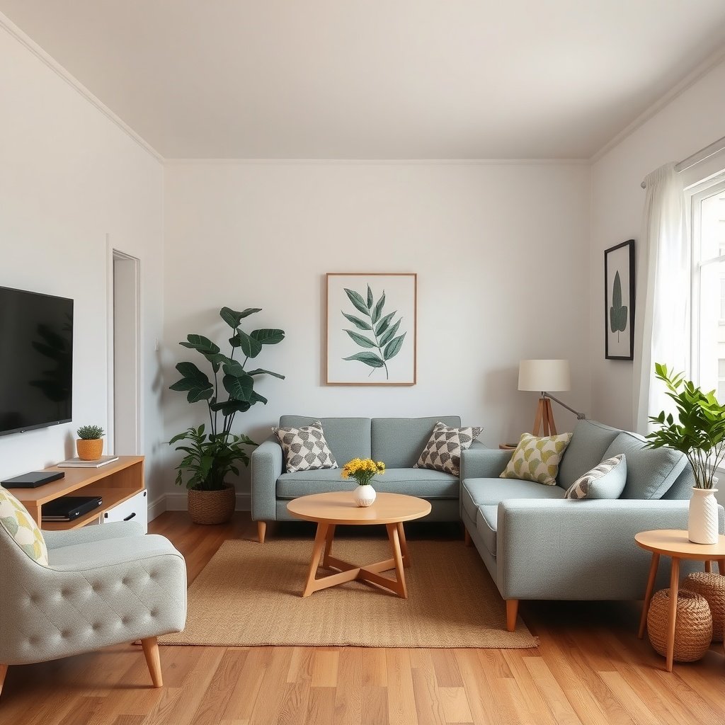 A cozy small living room with light-weight furniture, featuring a light blue sofa, a round coffee table, and green plants.