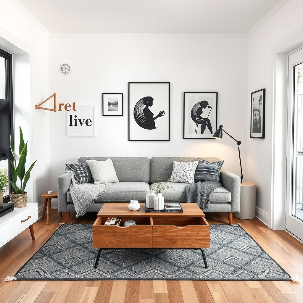 Cozy small living room with a grey sofa, wooden coffee table, and stylish decor.