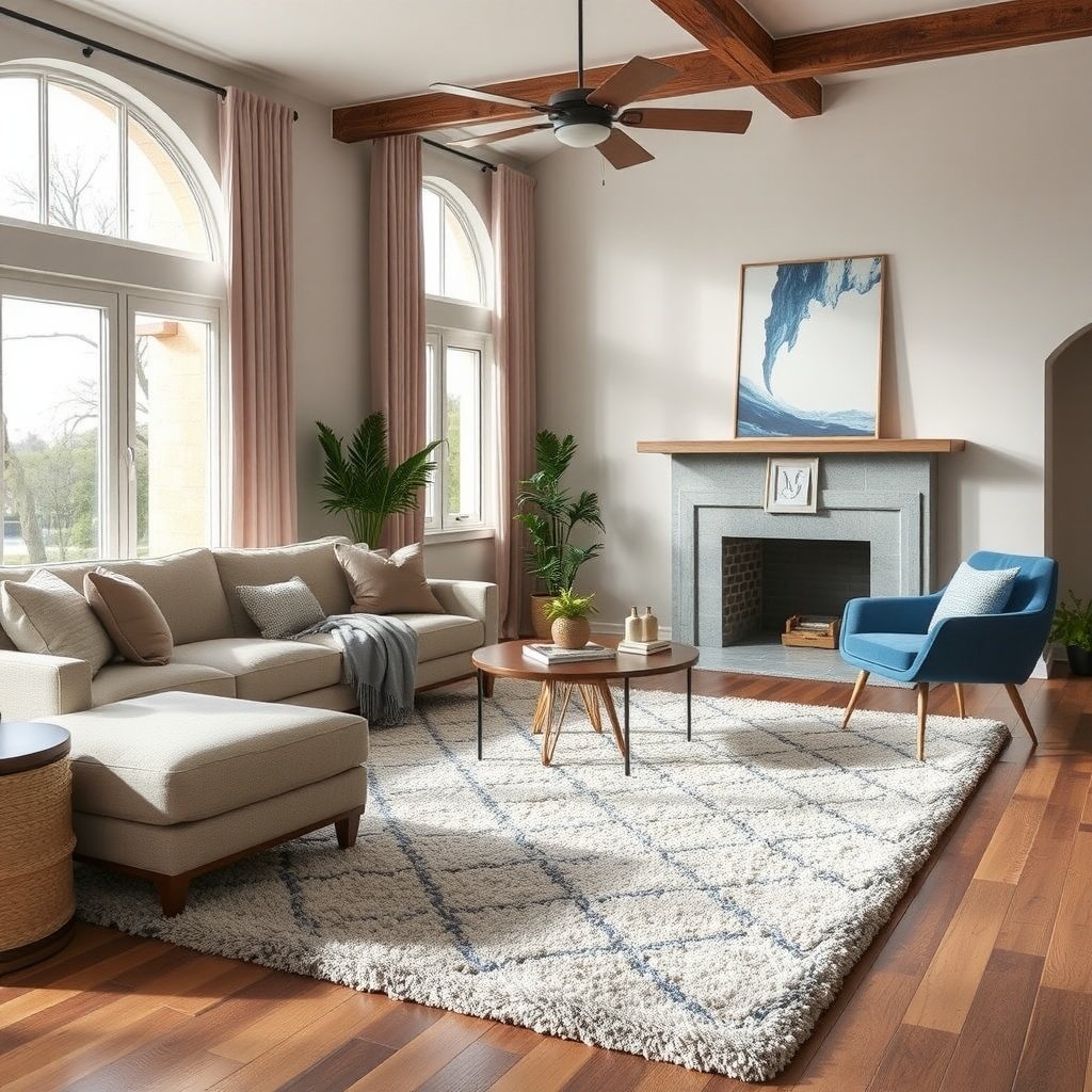 A cozy living room featuring a plush rug.