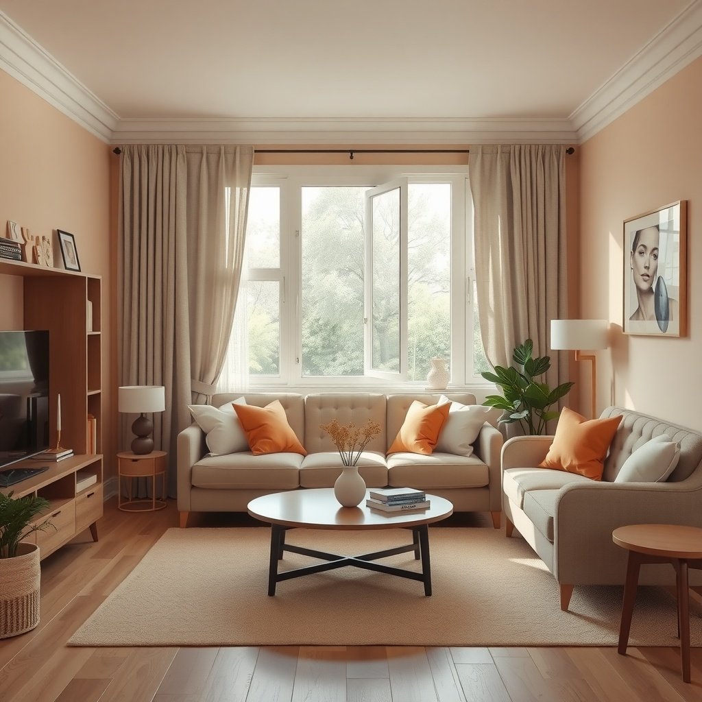 Cozy small living room with light color palette and wooden furniture