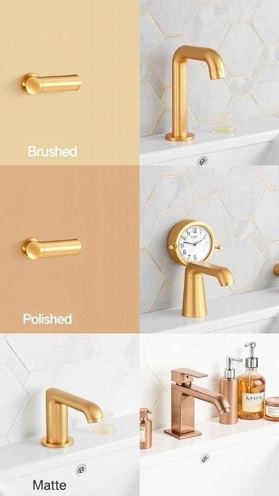 A modern bathroom sink with gold fixtures and a round mirror.