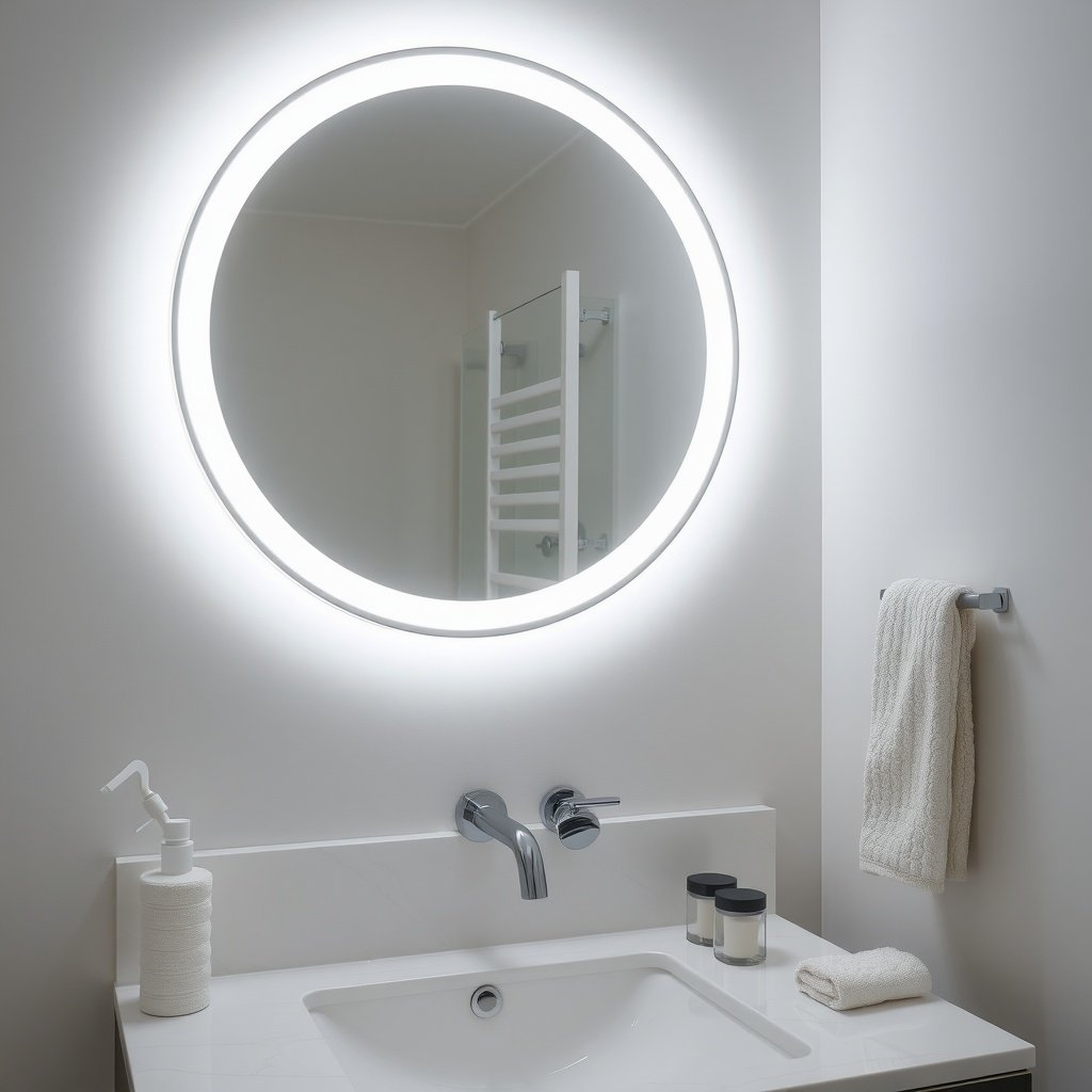 A modern circular mirror with LED backlight in a stylish bathroom setting.