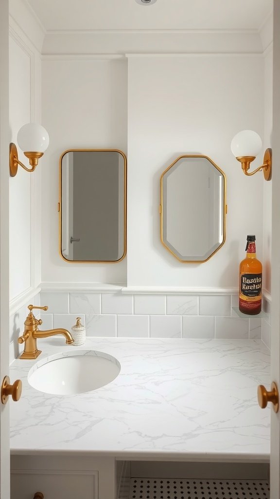 Elegant bathroom with Carrara marble countertop and gold fixtures
