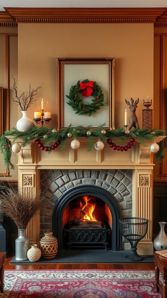 Cozy living room with a decorated fireplace, featuring a wreath, candles, and festive decor.