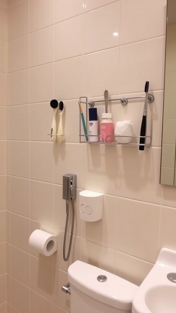 A small bathroom with a wall-mounted rack displaying toiletries and brushes.