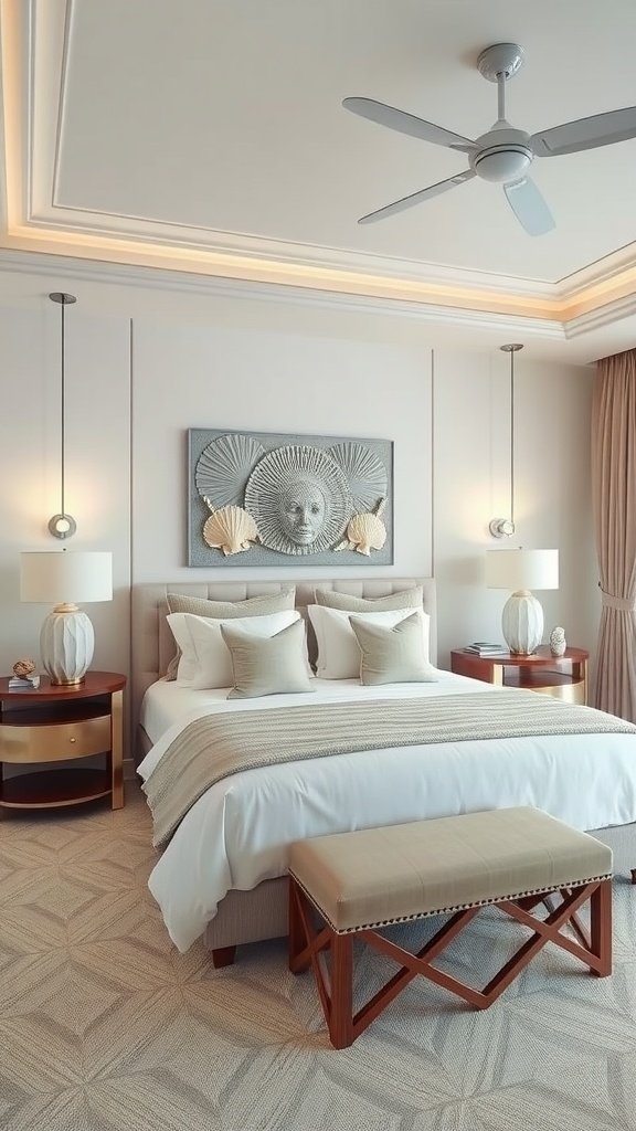 Coastal bedroom featuring soft hues, white furniture, and calming decor.
