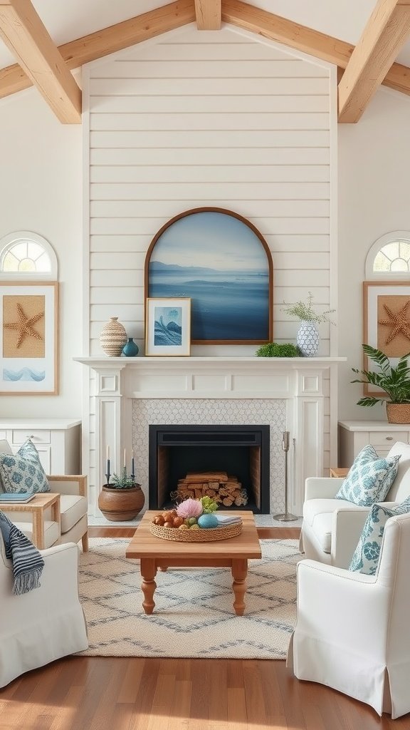 Cozy living room with a whitewashed fireplace, plush seating, and coastal decor.