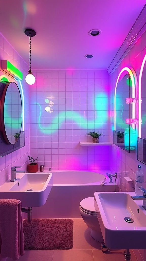 A modern bathroom with color-changing LED lights.