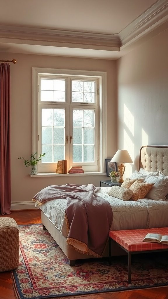 A beautifully designed bedroom with soft pink walls, elegant bedding, and stylish decor.