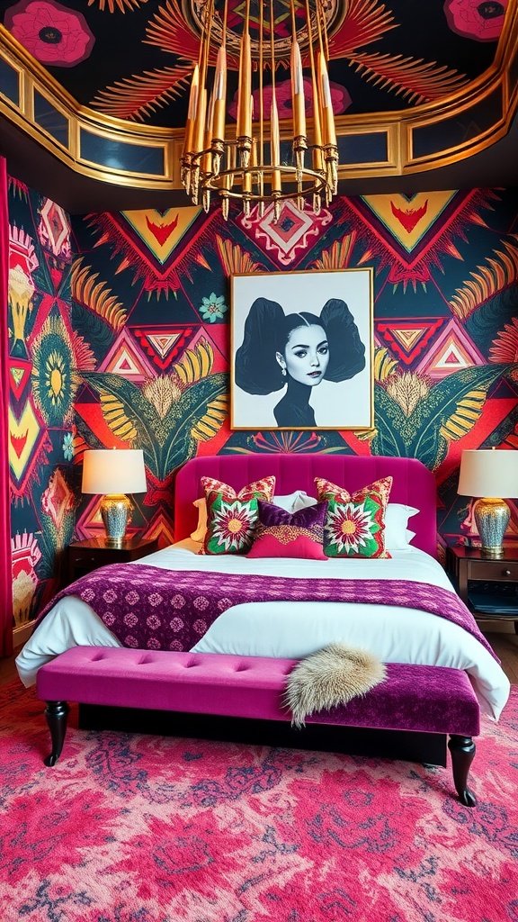 Eclectic bedroom with bold patterns, colorful bedding, and framed artwork