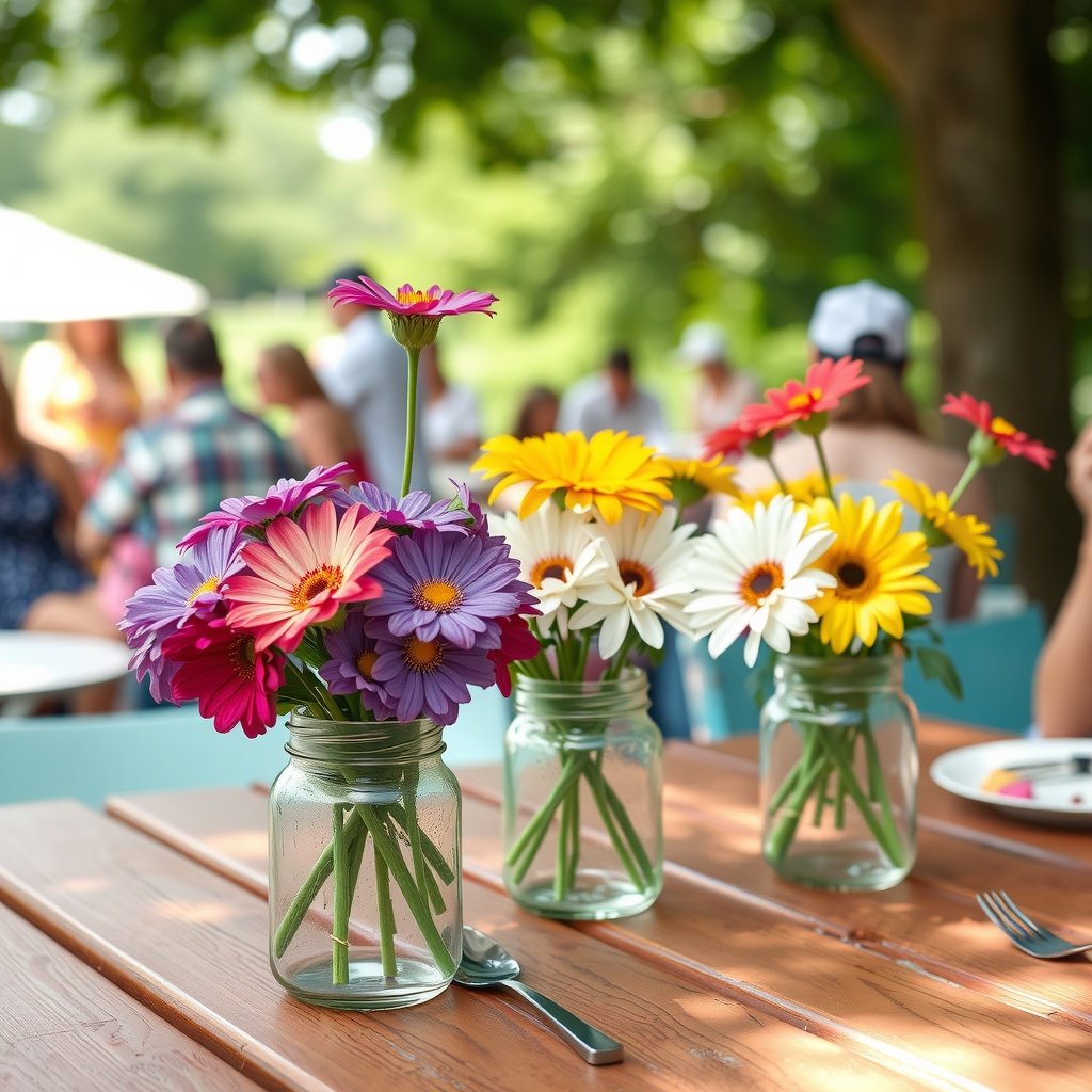 Colorful flower arrangements in mason jars on a wooden table outdoors.