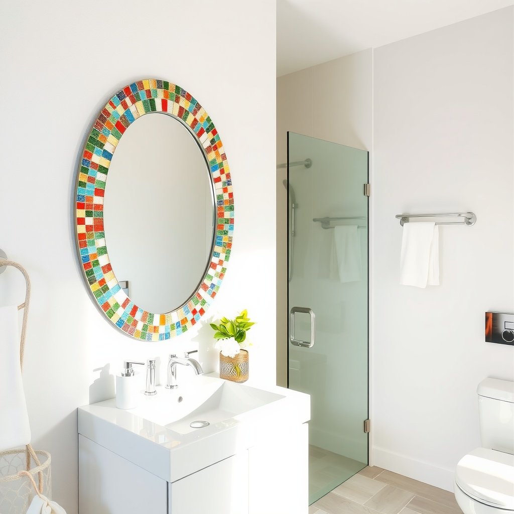 A colorful mosaic mirror with an oval shape, featuring a mix of red, blue, yellow, and green tiles, hanging above a modern sink.