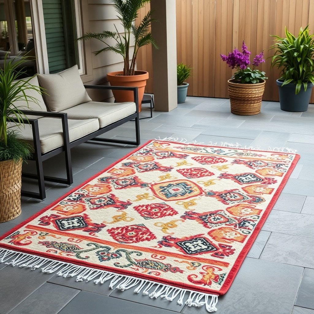 A vibrant outdoor rug on a patio with plants and seating