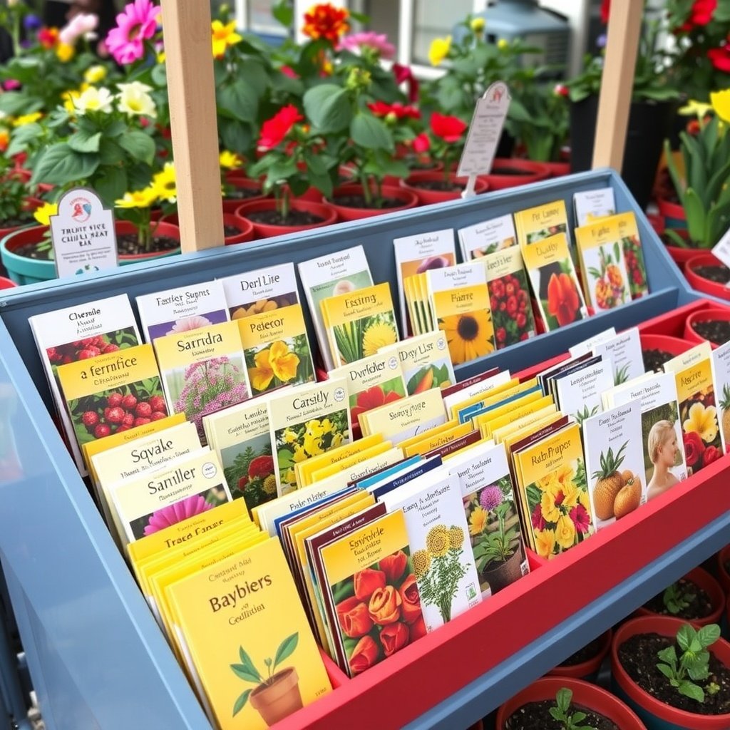 Colorful seed packets arranged in pots among blooming flowers.
