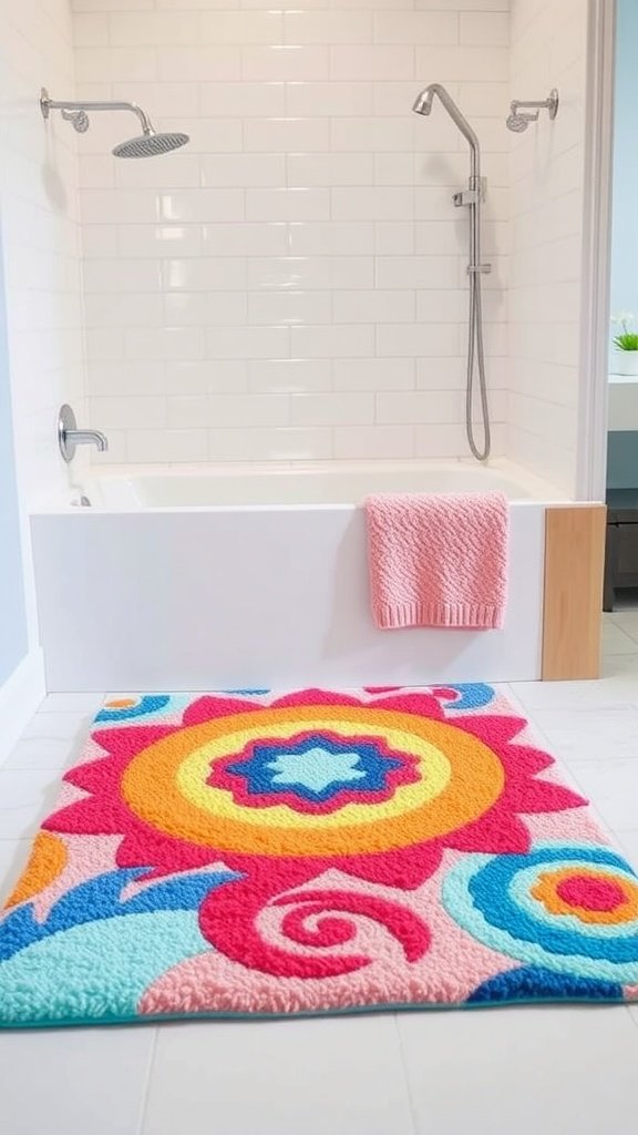 Colorful yellow shower mat with playful text in red and green colors in front of a bathtub