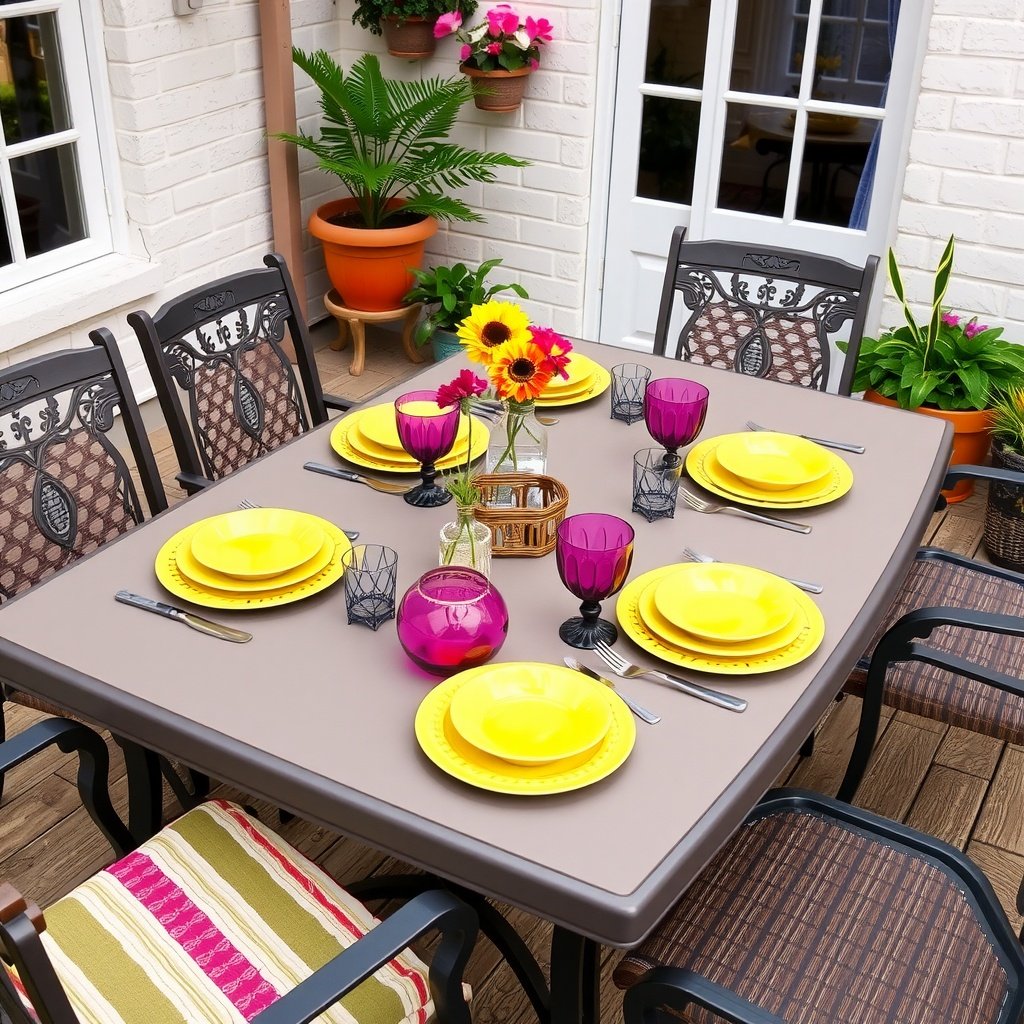 Colorful outdoor tableware set on a patio table, featuring yellow plates and purple glasses.