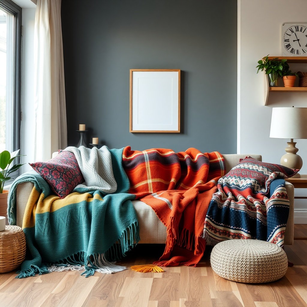 Colorful throw blankets draped over a couch in a stylish living room