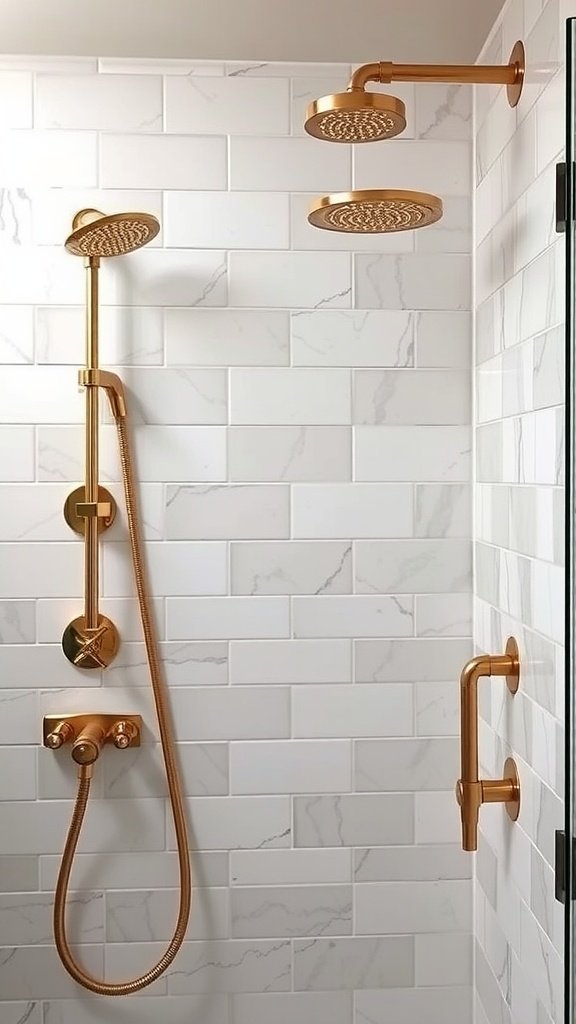 Elegant bathroom design featuring gold fixtures and textured fabrics.
