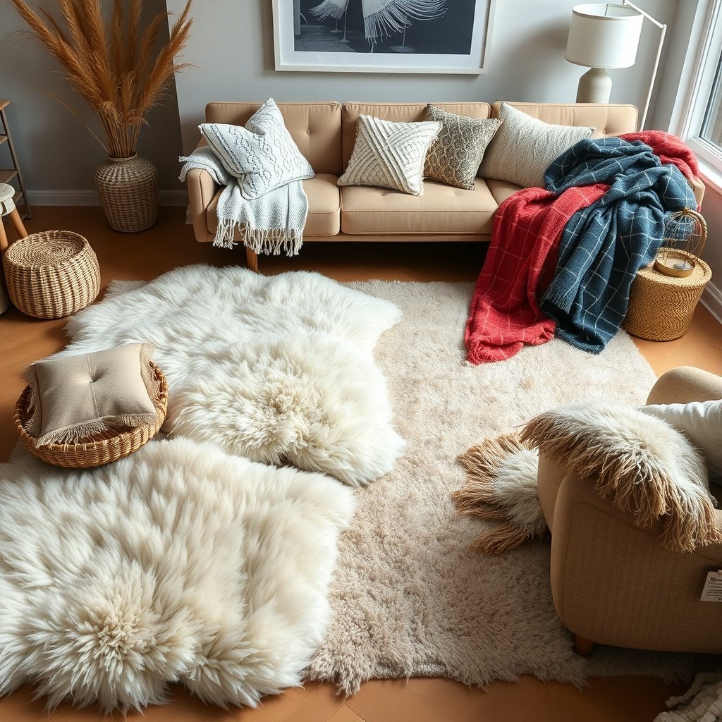 A cozy living room with plush rugs, textured pillows, and warm blankets.