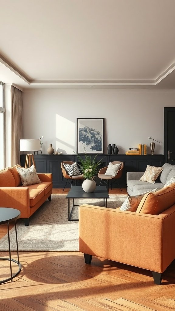 A stylish living room featuring orange and grey sofas with a coffee table and decorative accents.