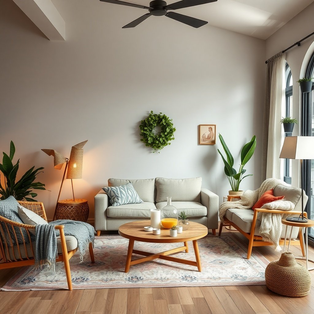 A stylish boho chic living room with comfortable seating arrangements, featuring a light sofa, wooden chairs, and decorative elements.