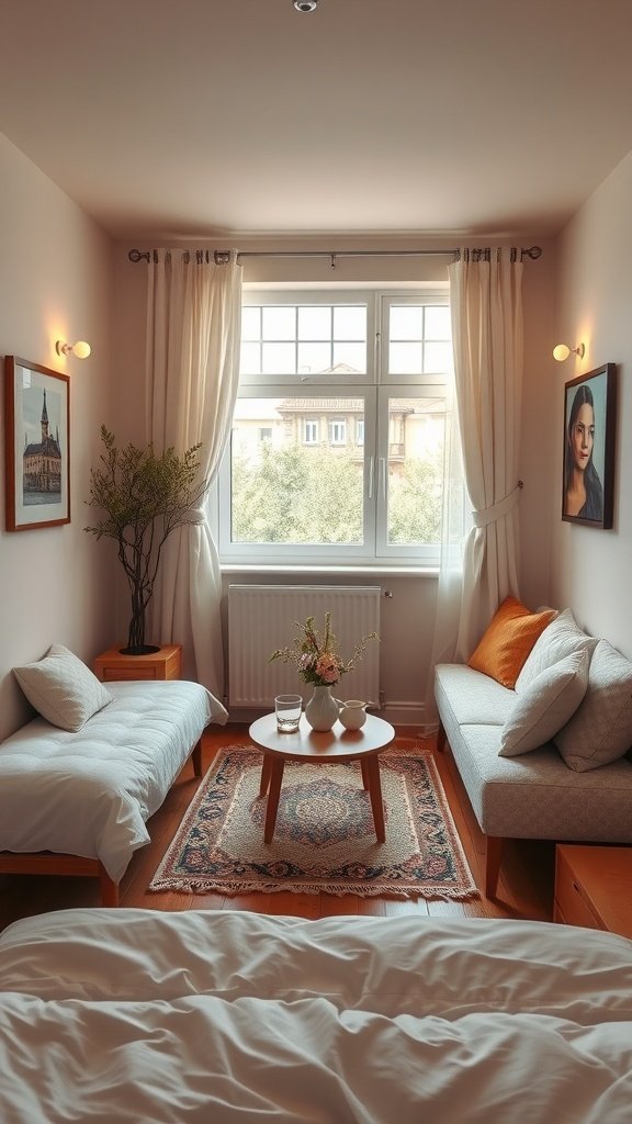 Couple sitting together on a small couch in a cozy bedroom