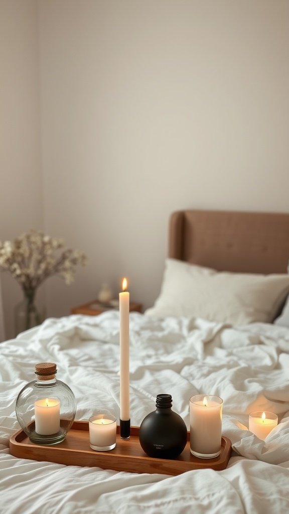 A cozy bedroom setting featuring scented candles and a decorative tray.