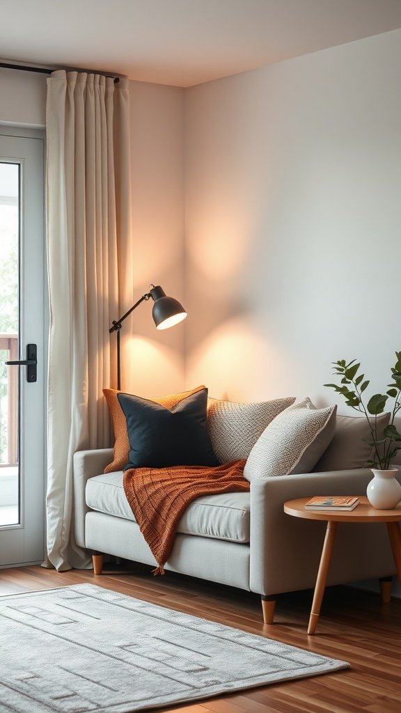 A cozy living room nook featuring a light sofa with colorful pillows, a warm throw, and a side table.