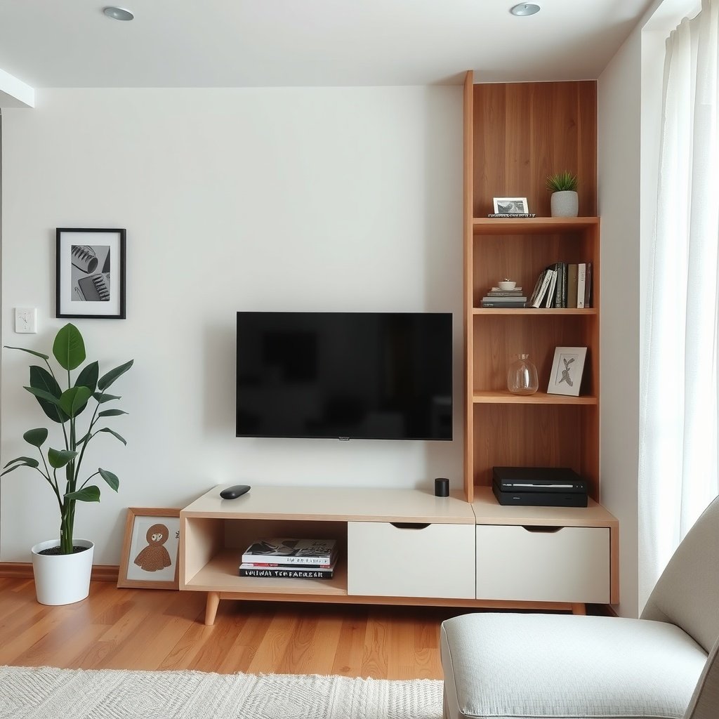 A modern compact TV stand with shelves in a small living room setting.
