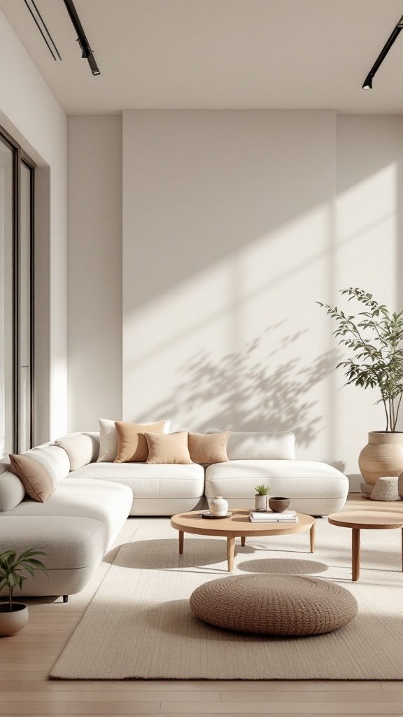 Contemporary Asian influenced living room with neutral colors and natural materials