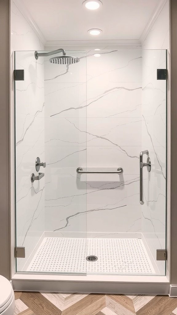 A contemporary shower featuring grab bars, sleek fixtures, and modern tile design.