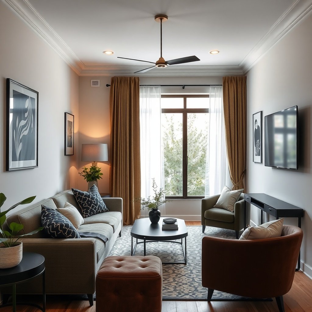 A small living room featuring a light sofa, dark accents, and modern furniture.