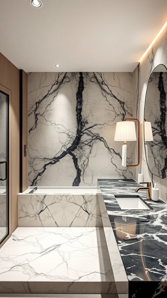 A luxurious bathroom featuring contrasting light and dark marble countertops.