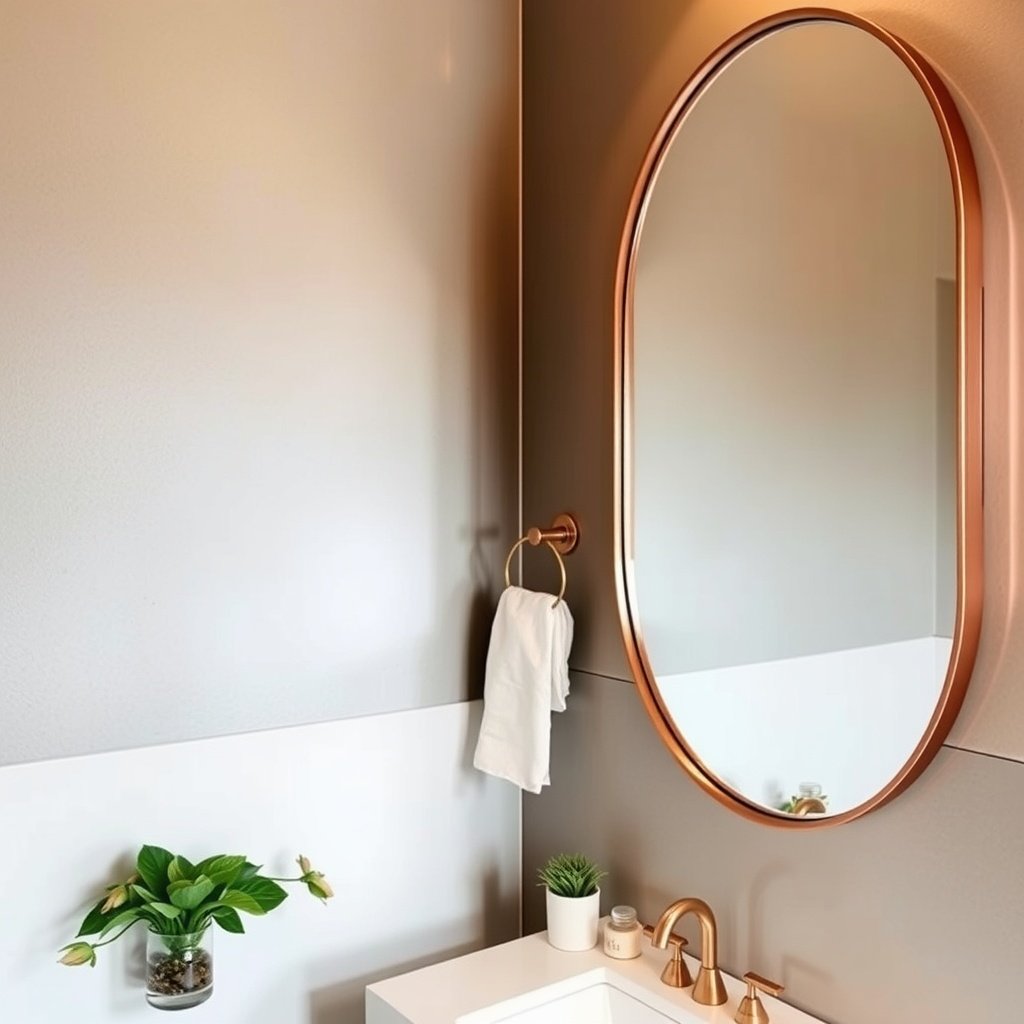 A modern bathroom featuring a copper accent mirror above a white sink with a stylish faucet.
