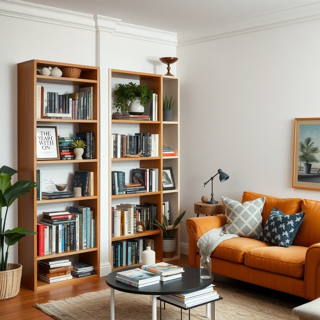 Stylish corner bookshelf in a small living room