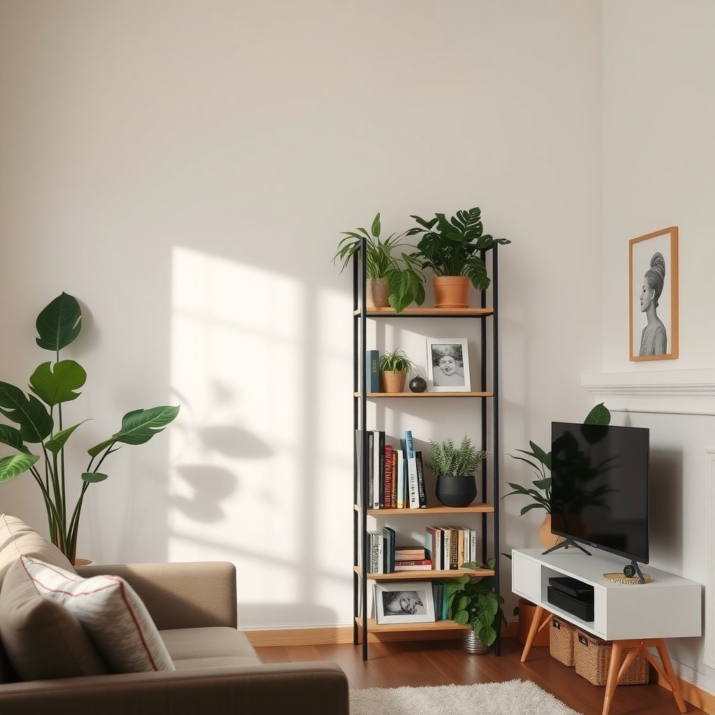 A modern corner shelving unit filled with plants and books in a cozy living room