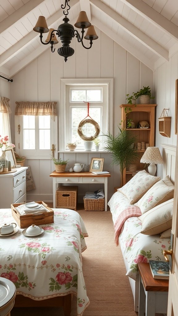 Country cottage bedroom with floral bedding and neutral decor.