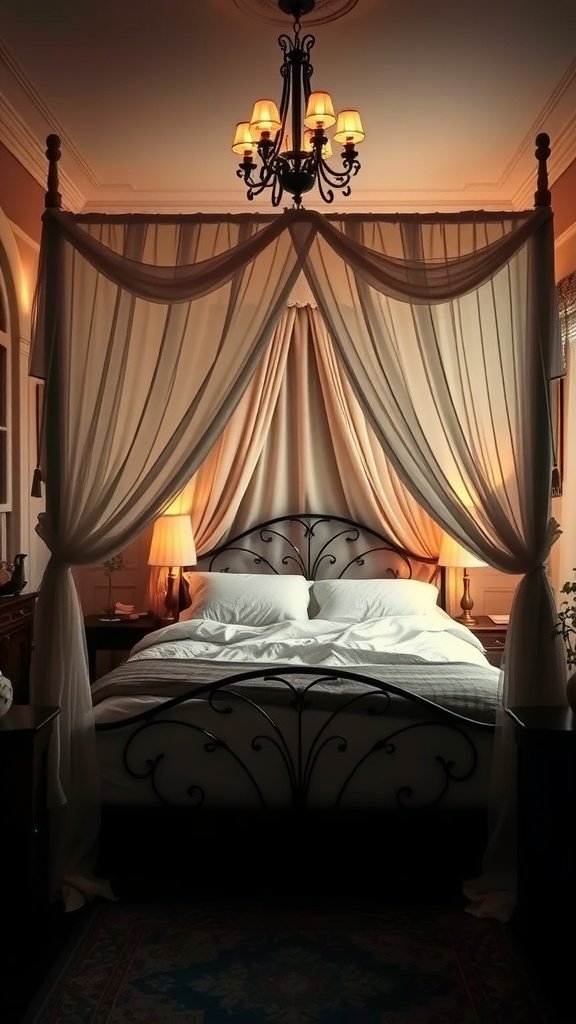 A cozy canopy bed with soft drapes and warm lighting in a small bedroom.