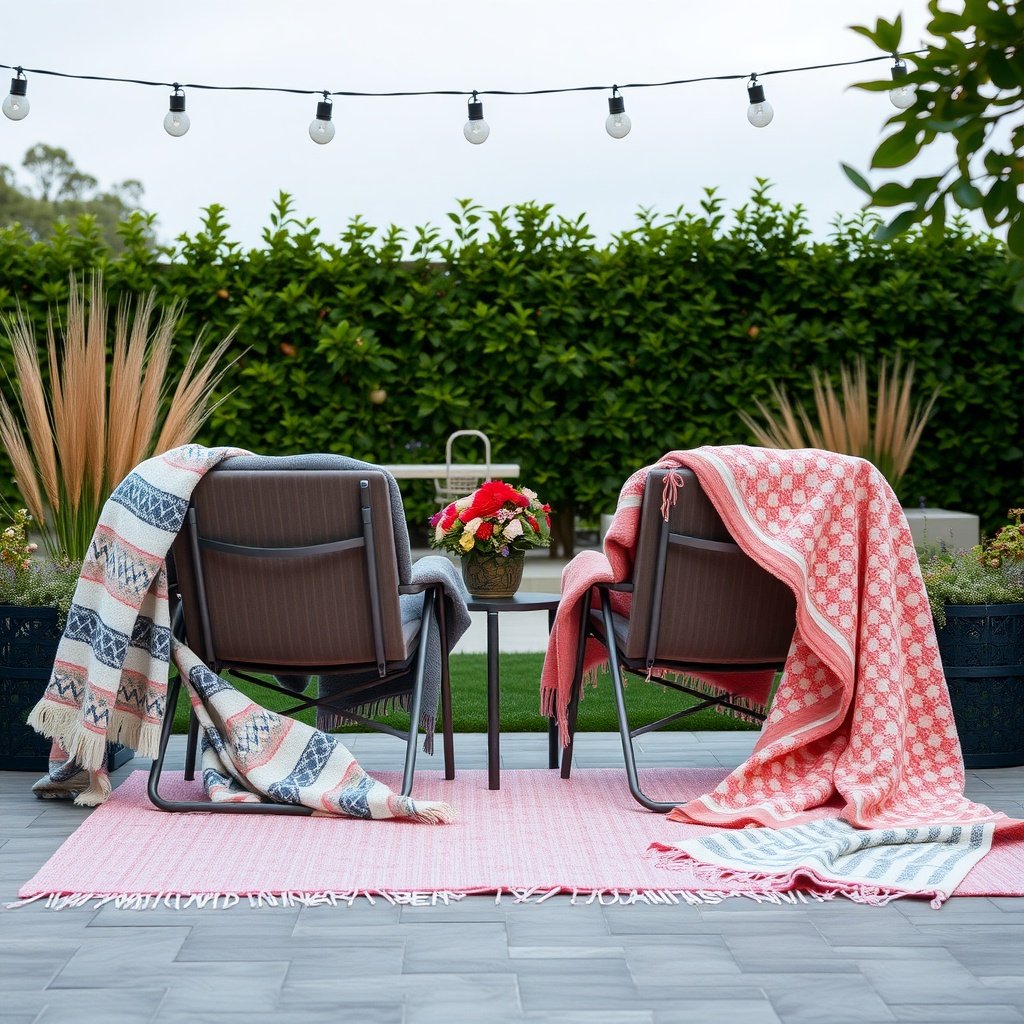 Two chairs with cozy outdoor blankets draped over them on a patio.