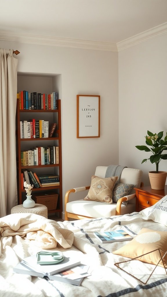 A cozy reading nook with a comfortable chair, pillows, and a bookshelf in a well-decorated bedroom