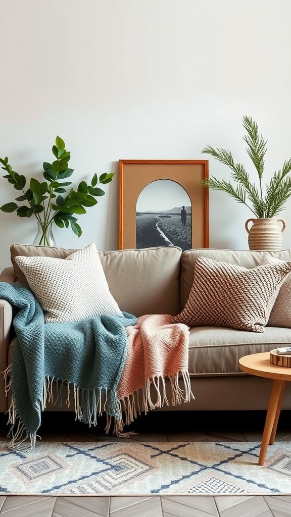 A cozy living room with layered textiles, including colorful throws and decorative pillows on a sofa.