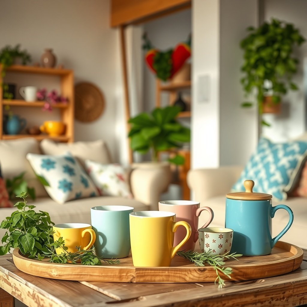A charming tea and coffee station with colorful mugs on a wooden tray, surrounded by fresh herbs.