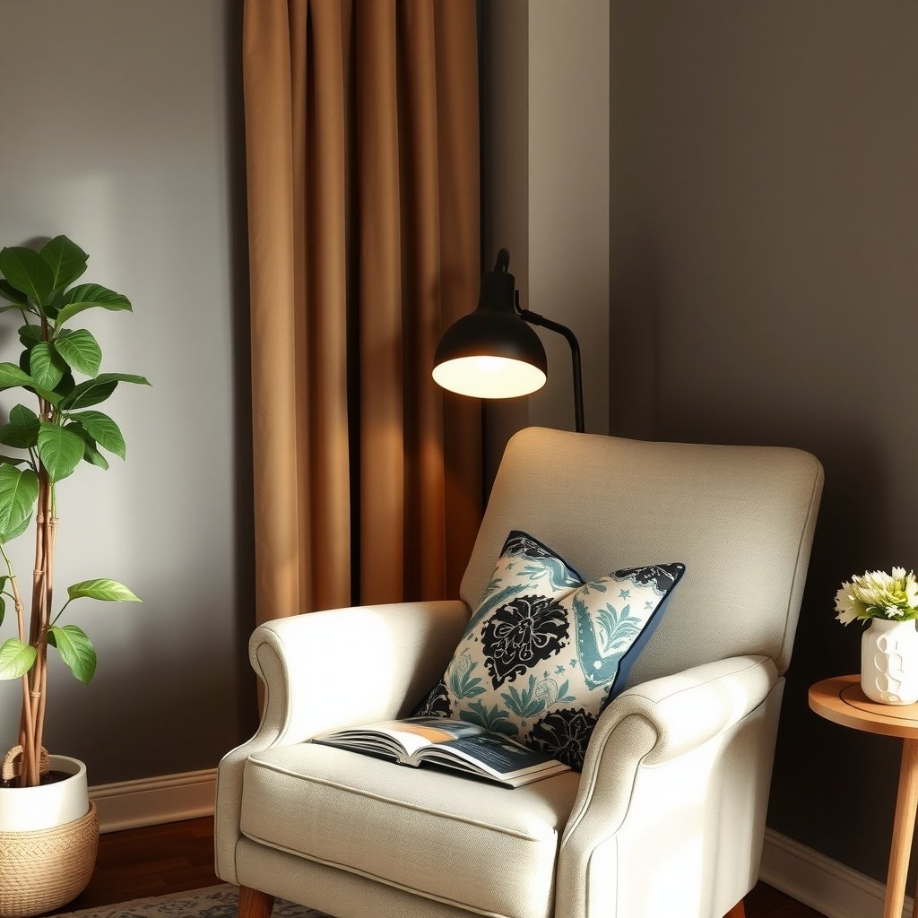 A comfortable reading nook with a chair, decorative pillows, a lamp, and a small plant.