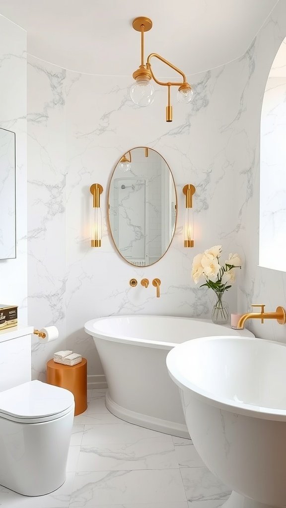Elegant bathroom with gold fixtures and a marble design.