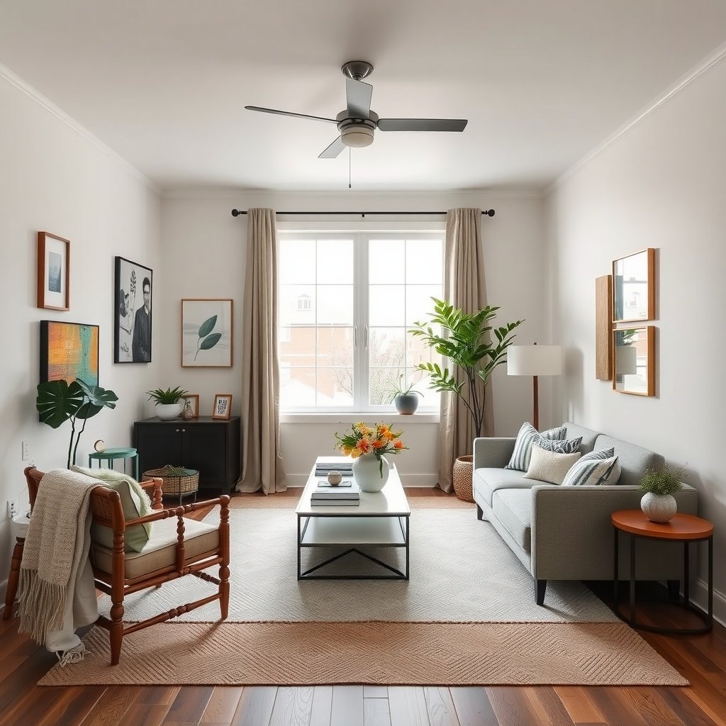 Cozy small living room with a cohesive theme featuring plants, art, and soft furnishings.