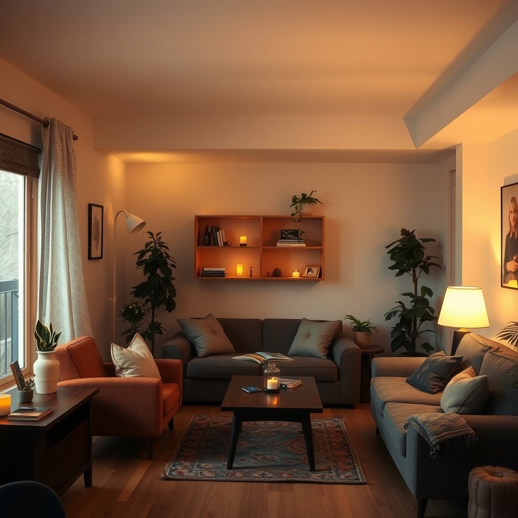 Cozy small living room with warm lighting and plants.