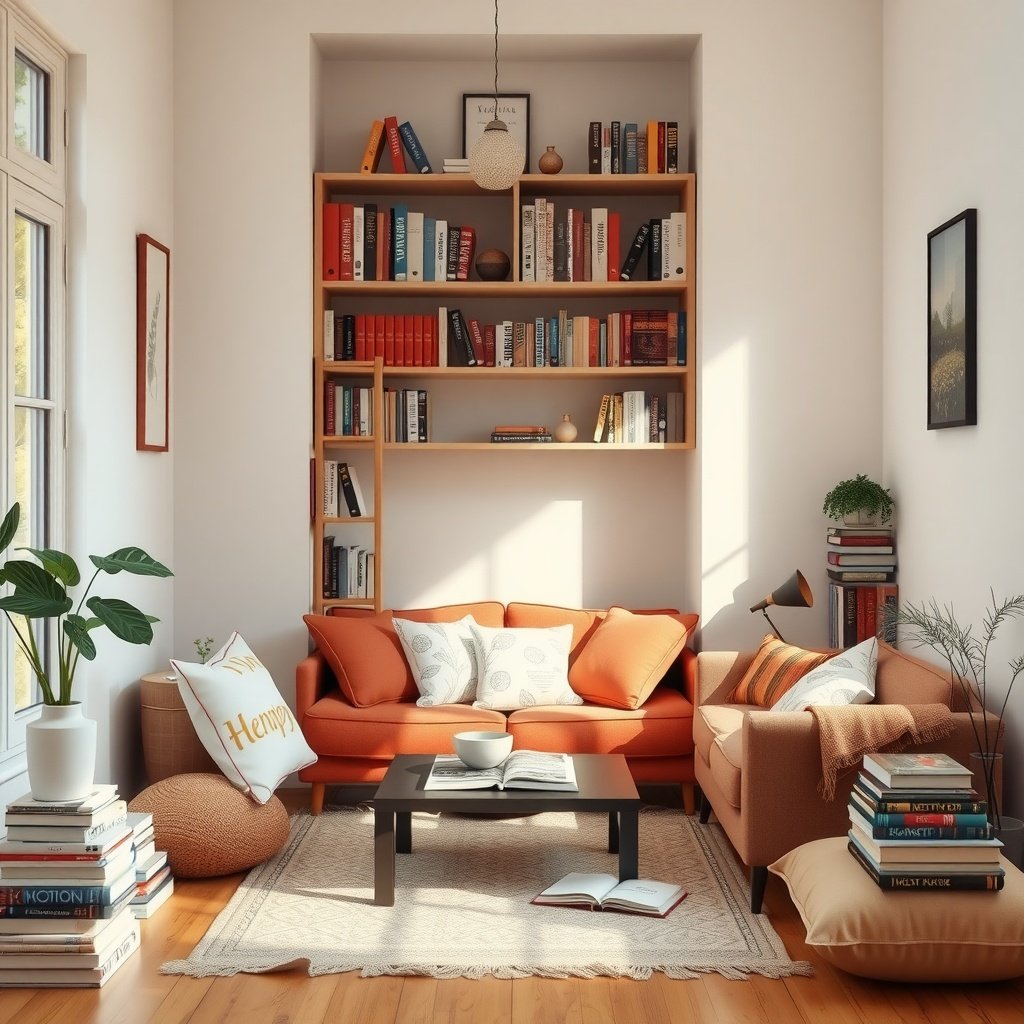 A cozy living room nook with orange sofas, pillows, bookshelves, and plants.