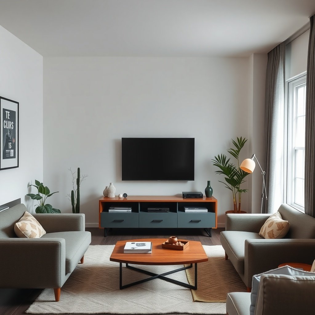 A cozy small living room featuring an entertainment center with a TV, stylish media console, and comfortable seating.