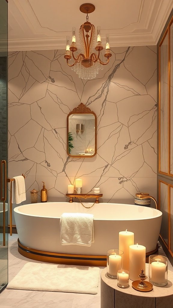 Elegant bathroom with gold fixtures and candles