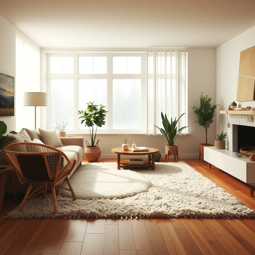 Cozy living room with plush rug and warm decor